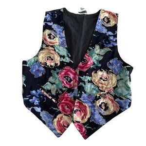 Vintage 90s Fashion Passport Floral Vest Black Western Cottagecore Festival